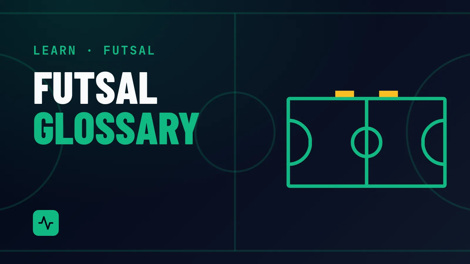 Futsal Glossary: Key Terms for Parents and Team Managers. Diagram of a futsal court with the halfway line, centre circle, penalty areas and the two substitution zones on one touchline.